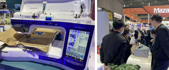 Brother电脑绣花·缝纫一体机演示绣花功能（左） 工作人员介绍Brother便携式打印机（右）